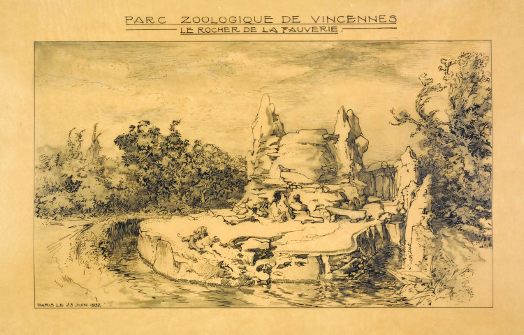 Projet d'aménagement du parc zoologique de Vincennes : dessin, le rocher de la Fauverie, 23 juin 1932.