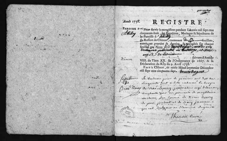 Collection du greffe. Baptêmes, mariages, sépultures, 1758