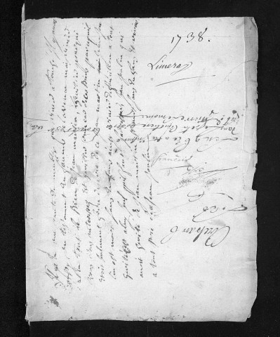 Collection du greffe. Baptêmes, mariages, sépultures, 1738