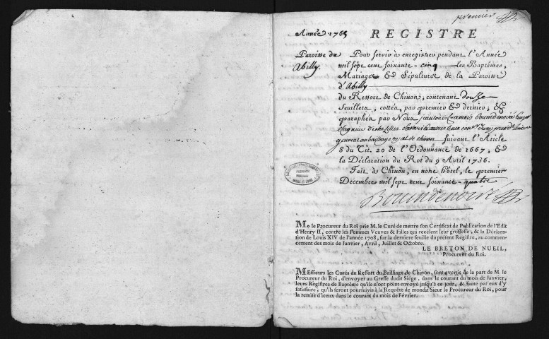 Collection du greffe. Baptêmes, mariages, sépultures, 1765