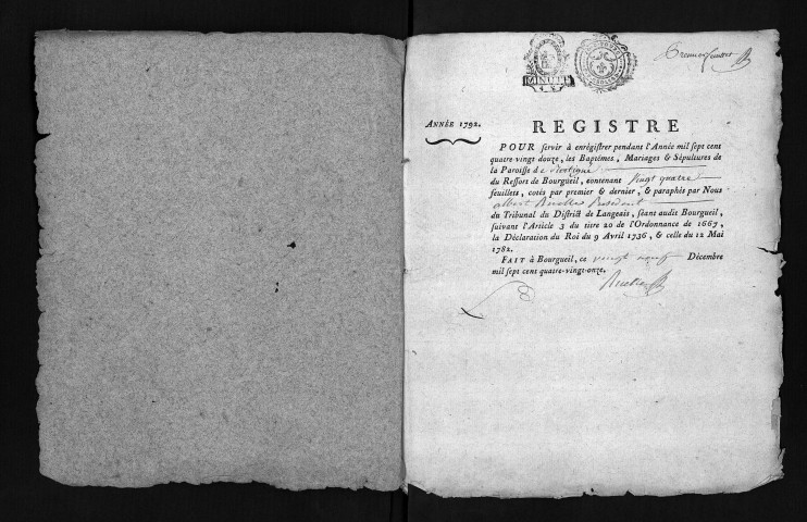 Collection du greffe. Baptêmes, mariages, sépultures, 1792