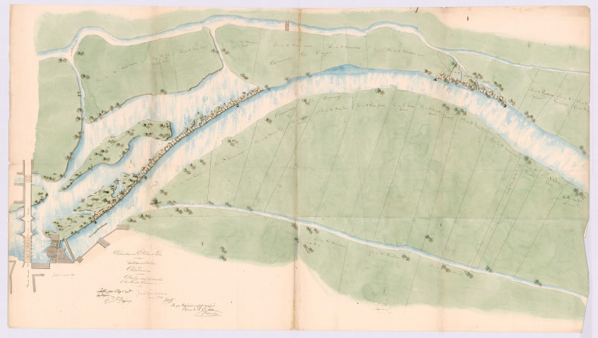 Plan et élévation des vannes et plan des abords du moulin de Cormery (13 septembre 1836)