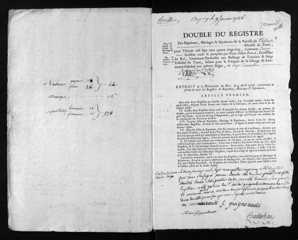 Collection du greffe. Baptêmes, mariages, sépultures, 1785