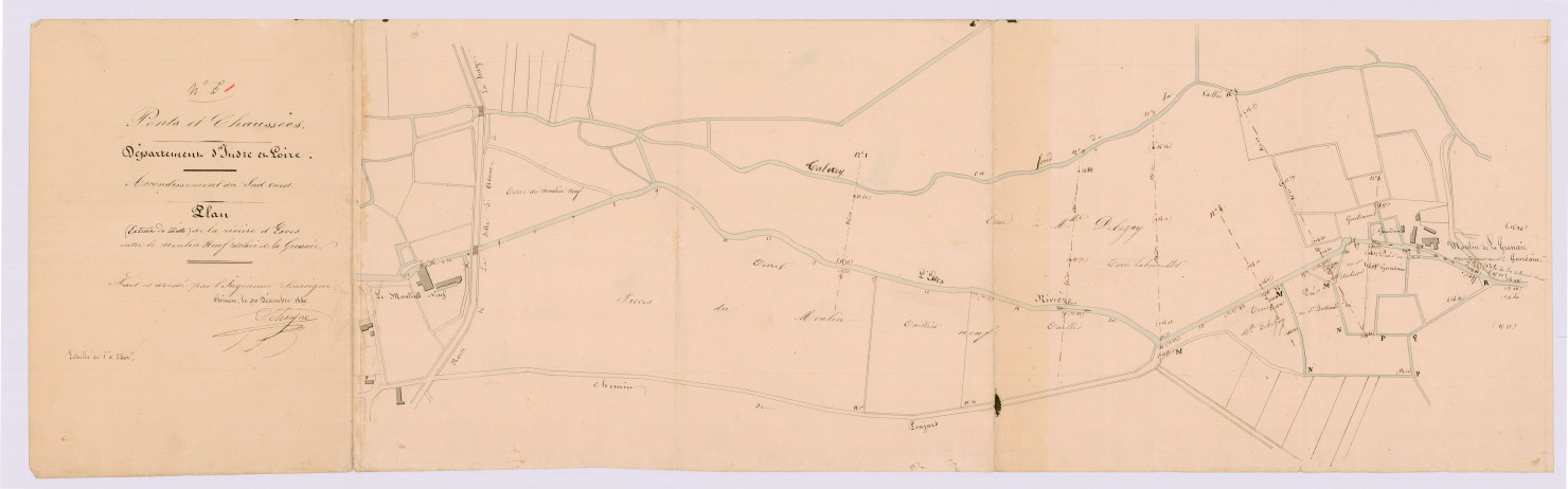 Plan de la rivière d'Esves entre le moulin Neuf et celui de la Grouaie (30 décembre 1840)