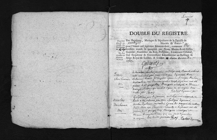 Collection du greffe. Baptêmes, mariages, sépultures, 1768