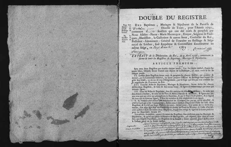 Collection du greffe. Baptêmes, mariages, sépultures, 1790