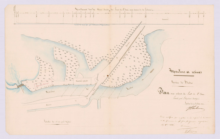 Plan aux abords du pont de Saint-Jean avec indication du nivellement joint au rapport de l'ingénieur (9 juillet 1843)