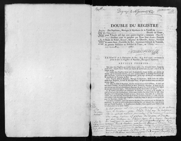 Collection du greffe. Baptêmes, mariages, sépultures, 1781