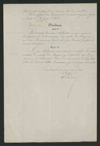 Arrêté concernant la demande d'exhaussement de la retenue par M. Chevalier. (14 janvier 1858)