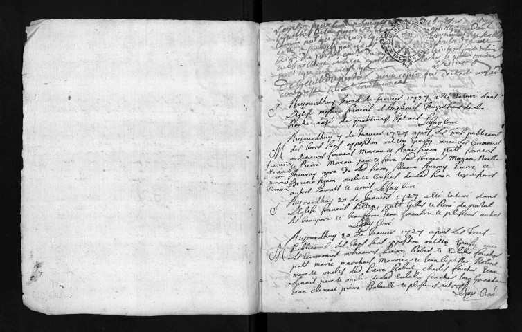 Collection du greffe. Baptêmes, mariages, sépultures, 1727