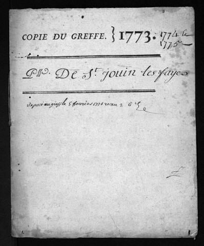Collection du greffe. Baptêmes, mariages, sépultures, 1773-1775