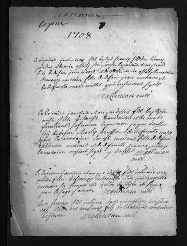 Baptêmes, mariages, sépultures, 1708