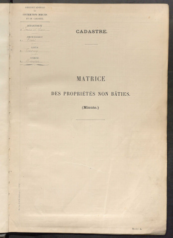 Tableau présentant les augmentations et les diminutions survenues dans la matière imposable ; récapitulation ; table alphabétique des propriétaires ; matrice des propriétés non bâties, fol. 1 à 488.