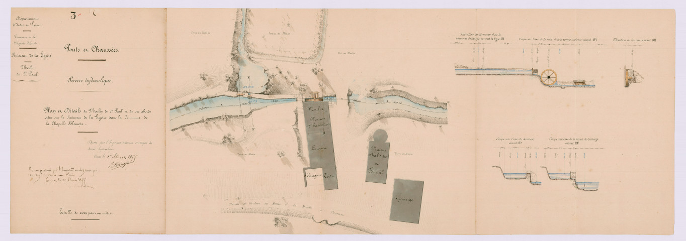 Plan et détails du moulin de Saint-Paul et de ses abords (1er mars 1855)