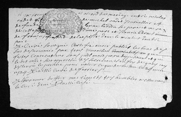 Collection du greffe. Baptêmes, mariages, sépultures, 1724