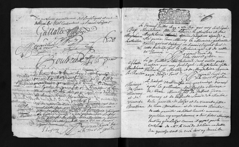 Baptêmes, mariages, sépultures, 1699 - Deux actes au mois de janvier, un en mars puis juillet à décembre.