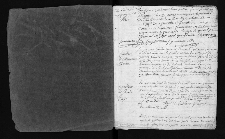 Collection du greffe. Baptêmes, mariages, sépultures, 1740