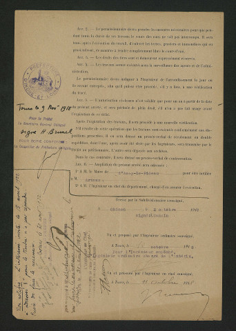 Arrêté préfectoral autorisant la réparation des déversoirs du moulin (9 novembre 1918)