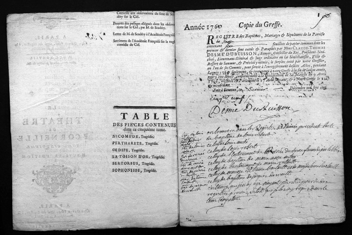 Collection du greffe. Baptêmes, mariages, sépultures, 1760