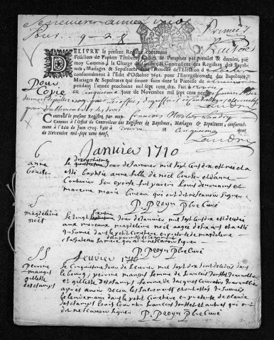 Baptêmes, mariages, sépultures, 1710