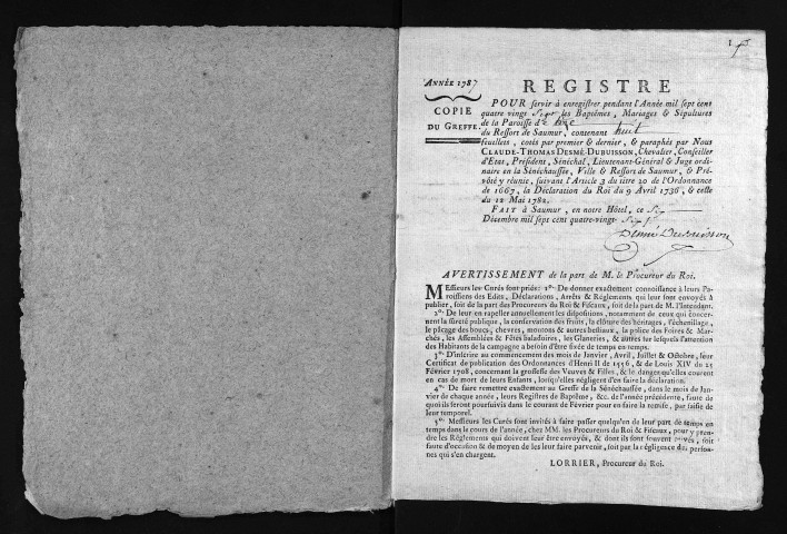 Collection du greffe. Baptêmes, mariages, sépultures, 1787