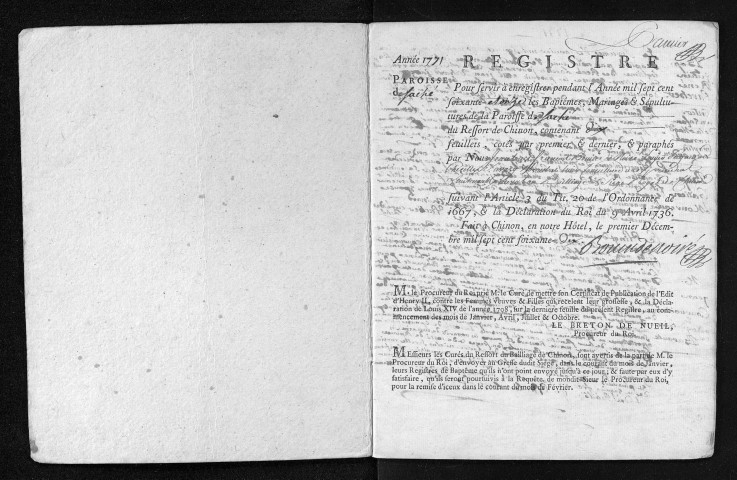 Collection du greffe. Baptêmes, mariages, sépultures, 1771