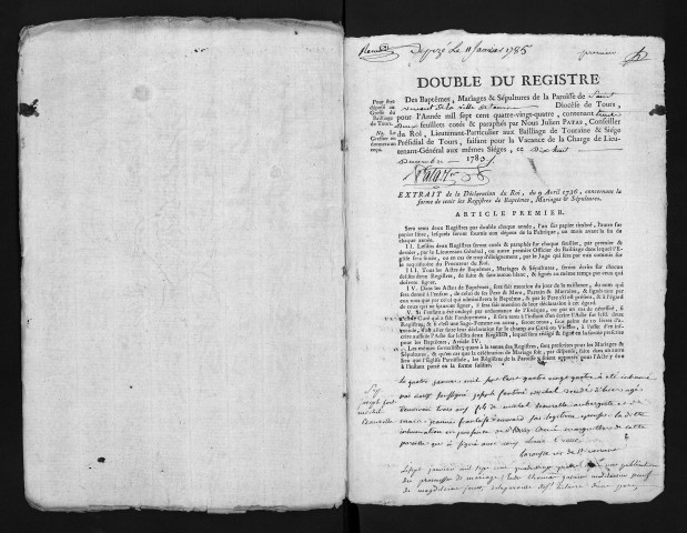 Baptêmes, mariages, sépultures, 1784