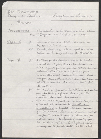 Pièces écrites relatives à l'hôtel Ronsard, 1/3.