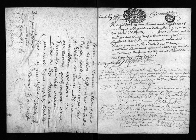 Collection du greffe. Baptêmes, mariages, sépultures, 1692 - Les années 1689-1691 sont lacunaires dans cette collection