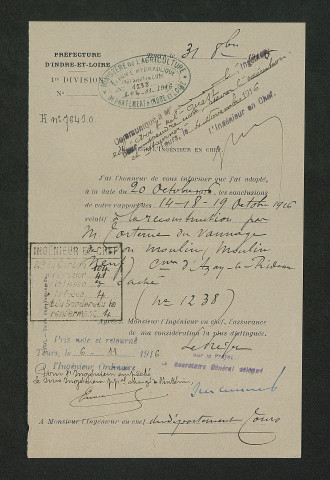 Avis favorable du préfet quant à la demande de reconstruction du vannage du moulin (31 octobre 1916)