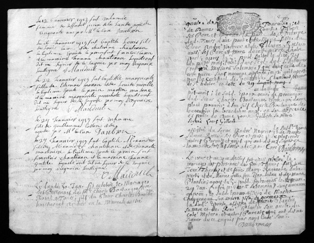 Collection du greffe. Baptêmes, mariages, sépultures, 1713-1715