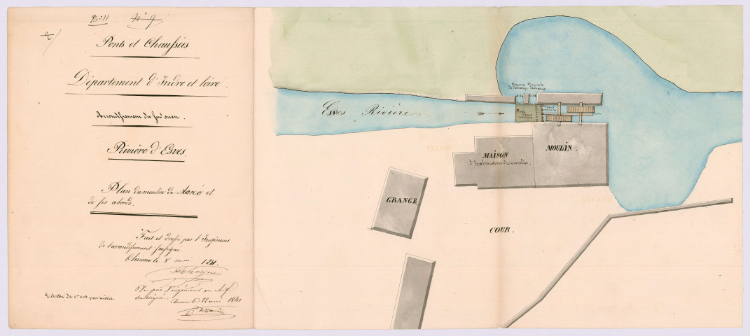 Plans des moulins et de leurs abords : moulins de l'Ecorcheboeuf, de Marcé, de Gruteau à Marcé-sur-Eves, et du Temple à Balesmes (8 mai 1841)
