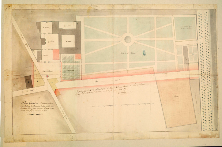 Projet d'aménagement de 1807 : plan général des bâtiments et jardins de la préfecture avec la nouvelle place à former ainsi que le percement d'une rue nouvelle allant jusqu'à la promenade du mail, numéroté 1, signé par le préfet Lambert.