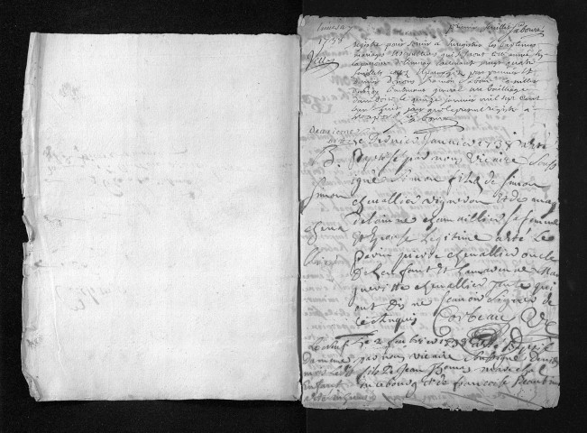 Collection du greffe. Baptêmes, mariages, sépultures, 1738