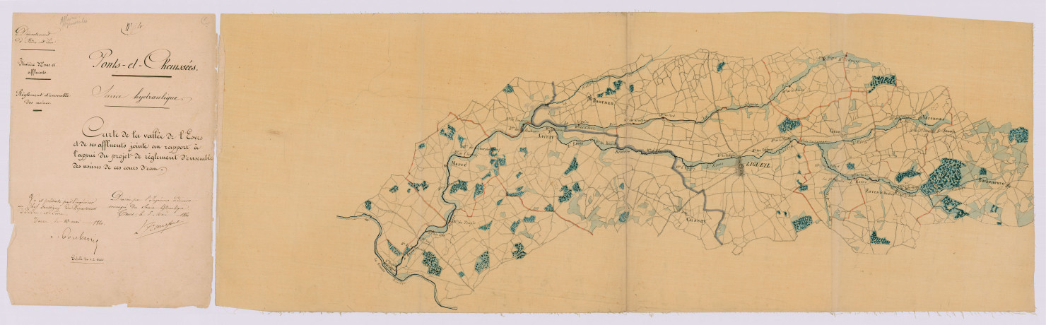 Carte de la vallée de l'Esves et de ses affluents jointe au rapport à l'appui du projet de règlement d'ensemble des usines de ces cours d'eau. (5 mai 1860)