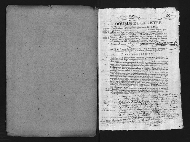 Collection du greffe. Baptêmes, mariages, sépultures, 1790