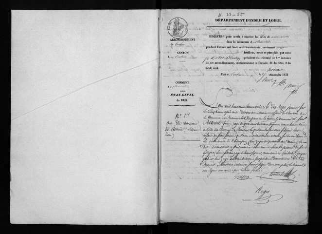 Naissances, 1833-1855 - Lacune : actes n° 22 à 25 de l'année 1852