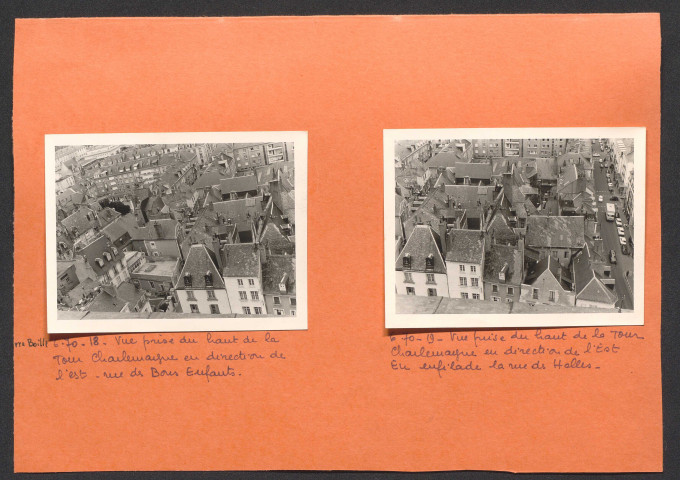 Vue prise du haut de la tour Charlemagne en direction de l'est : rue des Bons Enfants ; vue prise du haut de la Tour Charlemagne en direction de l'est : en enfilade la rue des Halles.