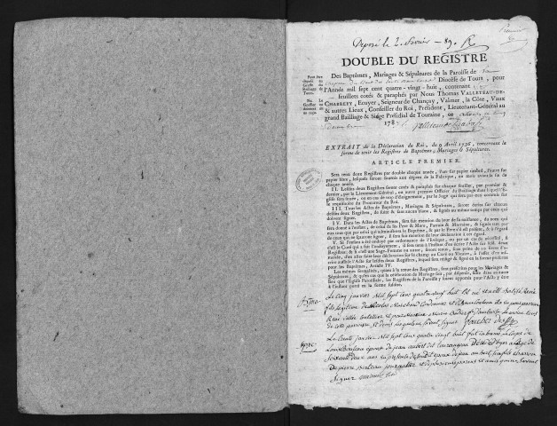 Collection du greffe. Baptêmes, mariages, sépultures, 5 janvier-25 décembre 1788