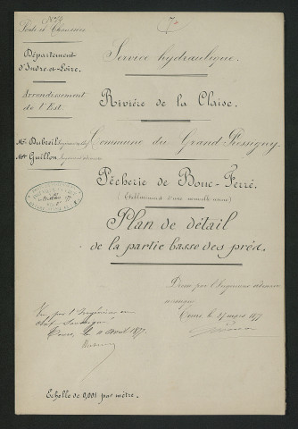 Pêcherie de Bouc-Ferré (établissement d'une nouvelle usine). Plan de détail de la partie basse des prés (27 mars 1877)