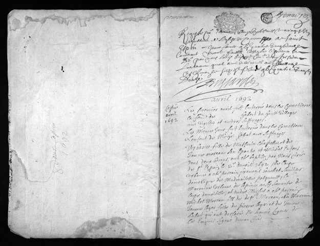 Collection du greffe. Baptêmes, mariages, sépultures, 1692-1693 - Les actes de baptêmes des mois de janvier à mars 1692 sont dans le registre de 1694.