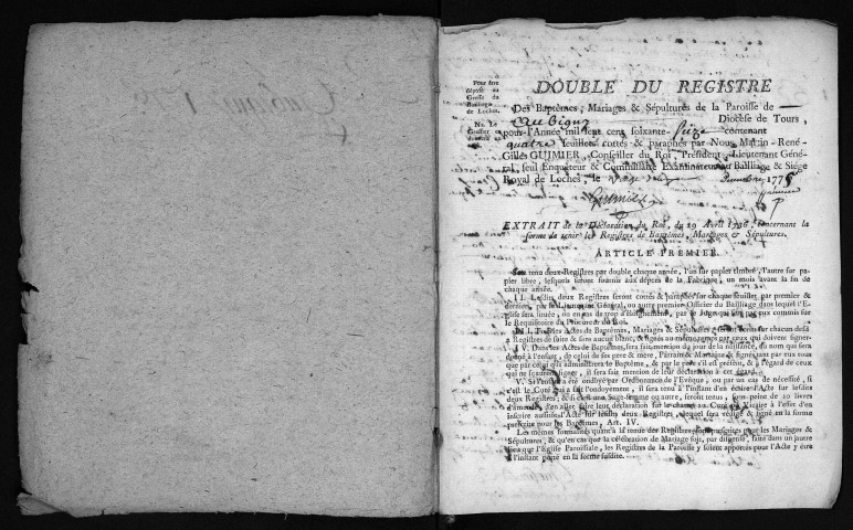 Collection du greffe. Baptêmes, mariages, sépultures, 1776