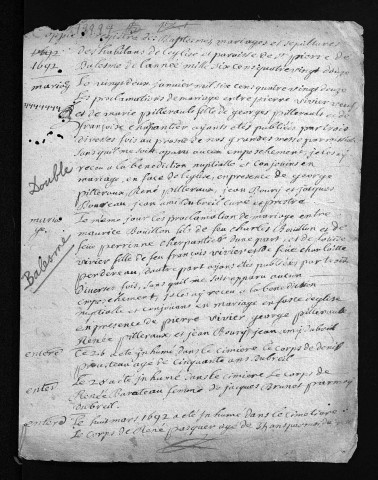 Collection du greffe. Baptêmes, mariages, sépultures, 1692 - Les années 1674-1691 sont lacunaires dans cette collection