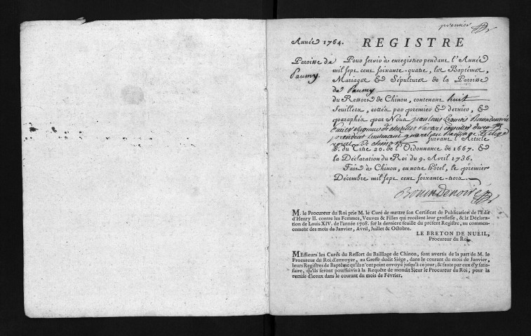 Collection du greffe. Baptêmes, mariages, sépultures, 1764