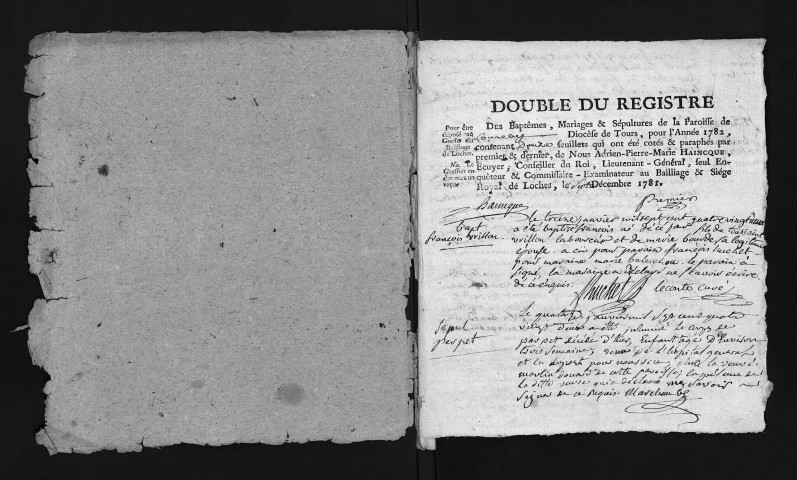 Collection du greffe. Baptêmes, mariages, sépultures, 1782