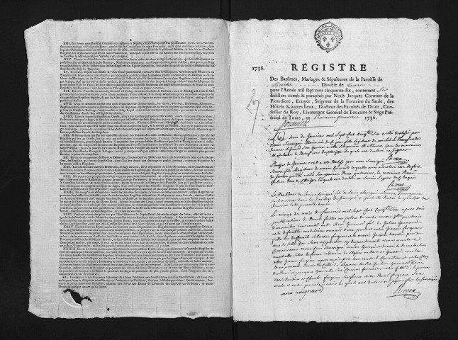 Collection du greffe. Baptêmes, mariages, sépultures, 1756 - pour les années 1744-1755 voir 6NUM7/037/002
