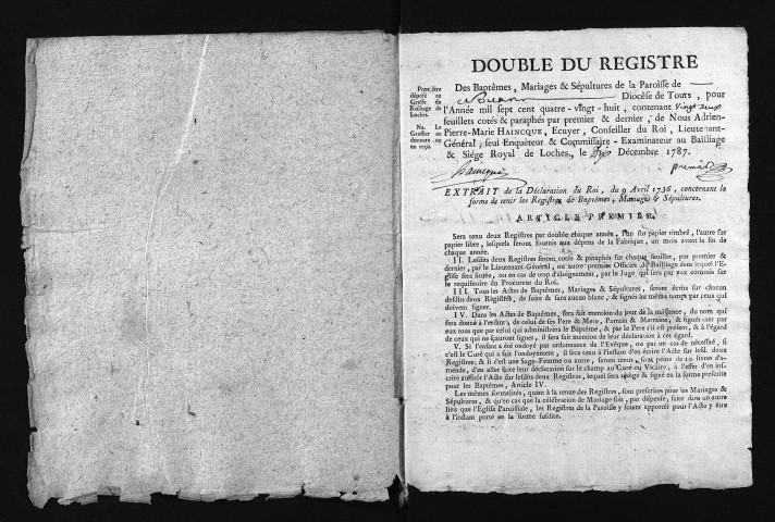 Collection du greffe. Baptêmes, mariages, sépultures, 1788