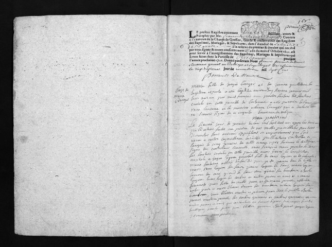 Collection du greffe. Baptêmes, mariages, sépultures, 1701
