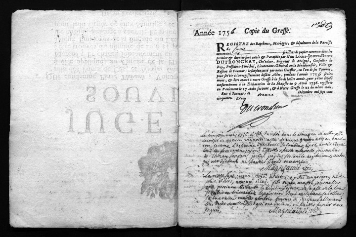 Collection du greffe. Baptêmes, mariages, sépultures, 1756