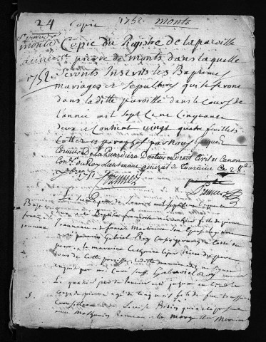 Collection du greffe. Baptêmes, mariages, sépultures, 1752